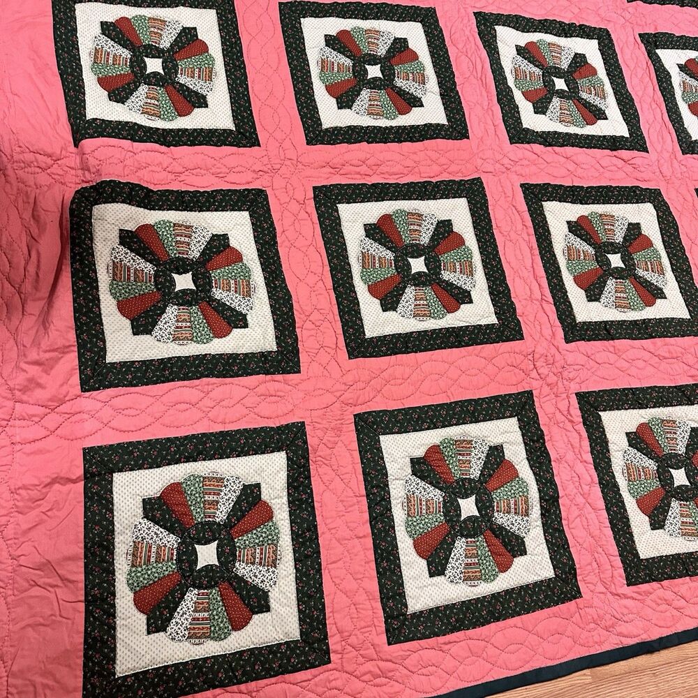 Farmhouse Quilt Set Full Queen Green Coral Dresden Plate 2 Shams